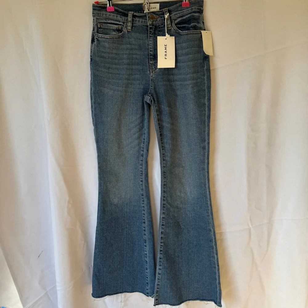 FRAME Flare Jeans Women’s Blue Size 26 Le Easy Raw Hem High-Rise Denim NWT - Picture 4 of 10